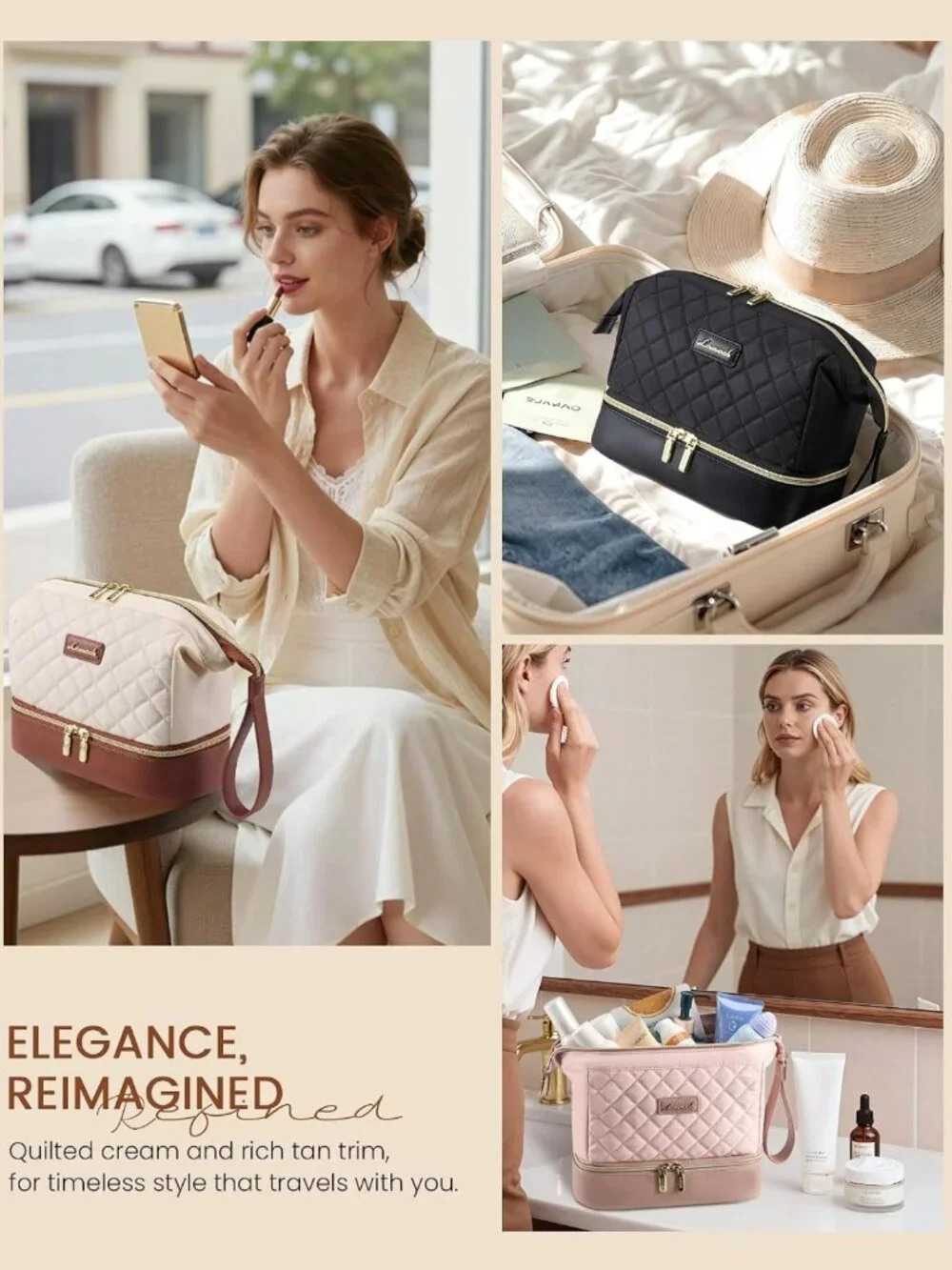 Portable Double Layer Travel Makeup Bag - Stylish Cosmetic Organizer for Women